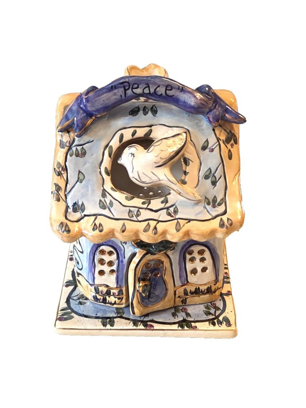 “Peace” 5” Tea Light House w/ Base Blue Sky Clay Works by Heather Goldminc AS IS